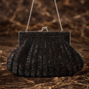 Black Beaded Evening Clutch with Chain Strap